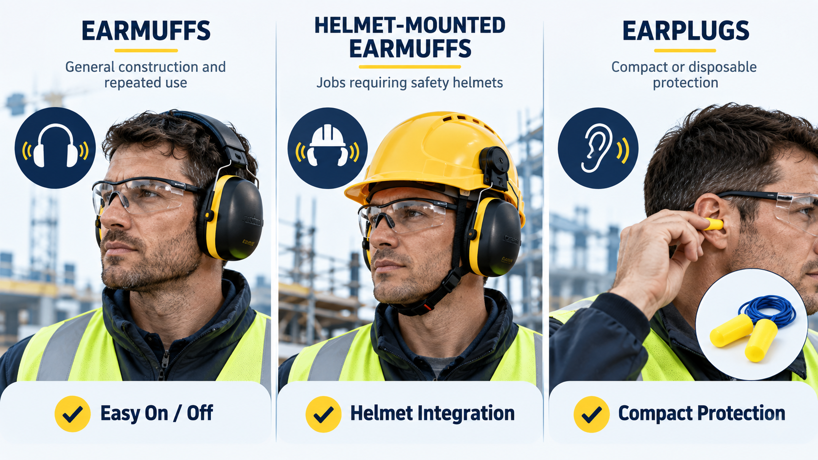 Construction Hearing Protection – Earmuffs vs Helmet-Mounted Earmuffs vs Earplugs 安全耳罩 建筑听力保护用头盔式耳罩和耳塞