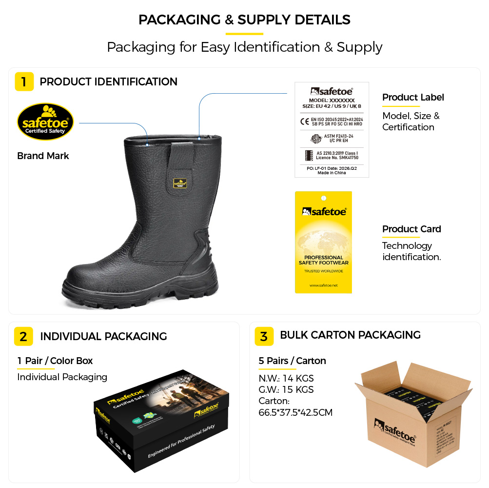 H-9430 Black Leather Rigger Safety Boots Packaging H-9430 黑色皮革钢趾安全靴包装