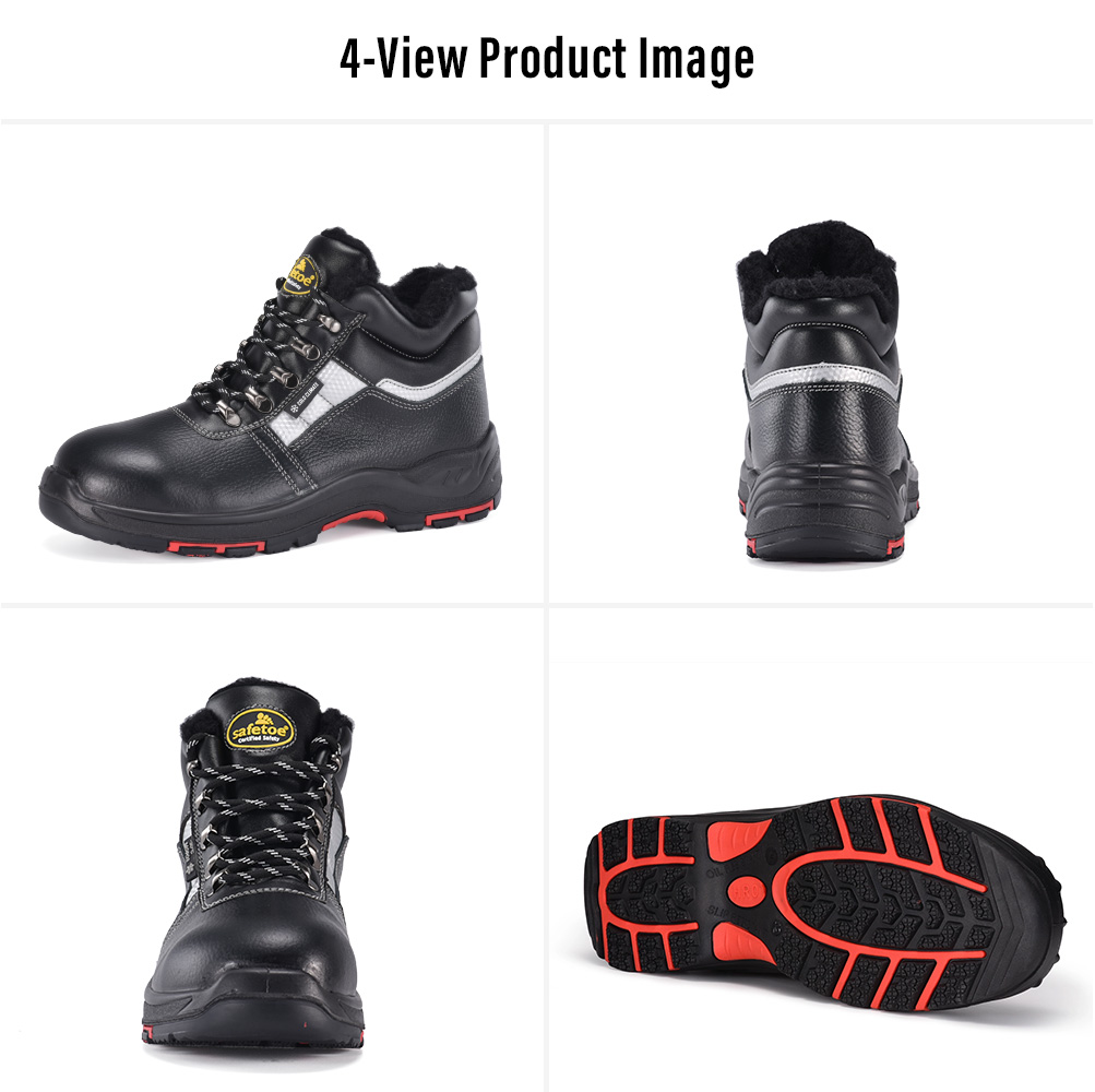 Safetoe M-8027 绝缘冬季安全靴的四视图图像，显示侧面、后部、前部和防滑外底视图