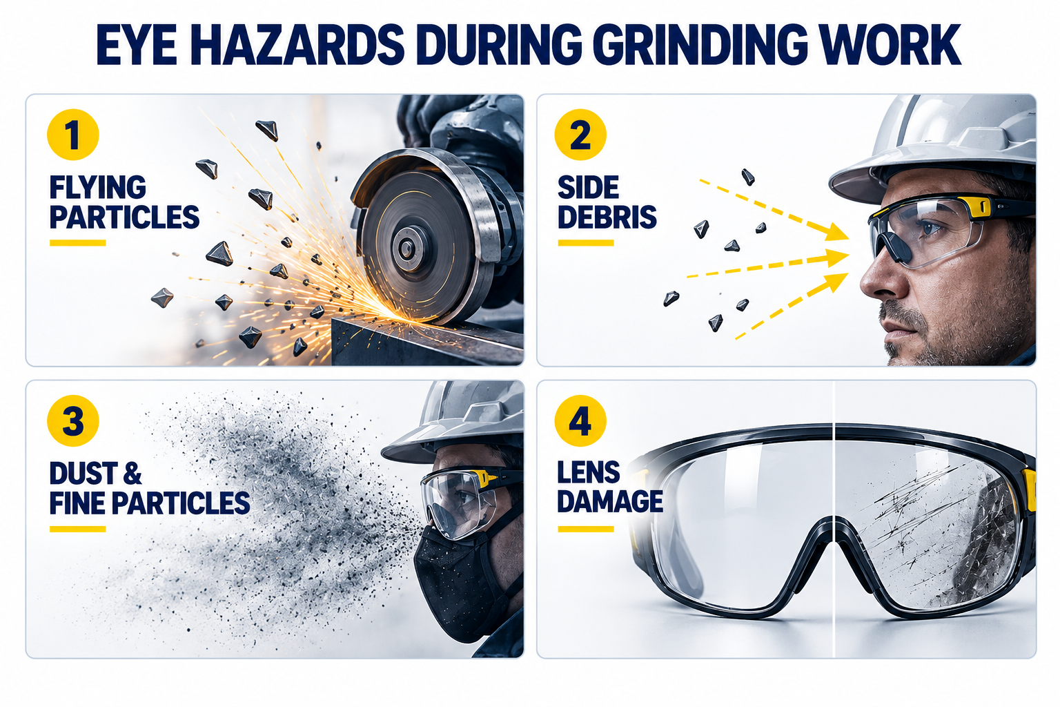 Eye Hazards During Grinding Work 金属磨削过程中常见的眼睛危害,包括飞扬的颗粒、灰尘和侧面碎屑
