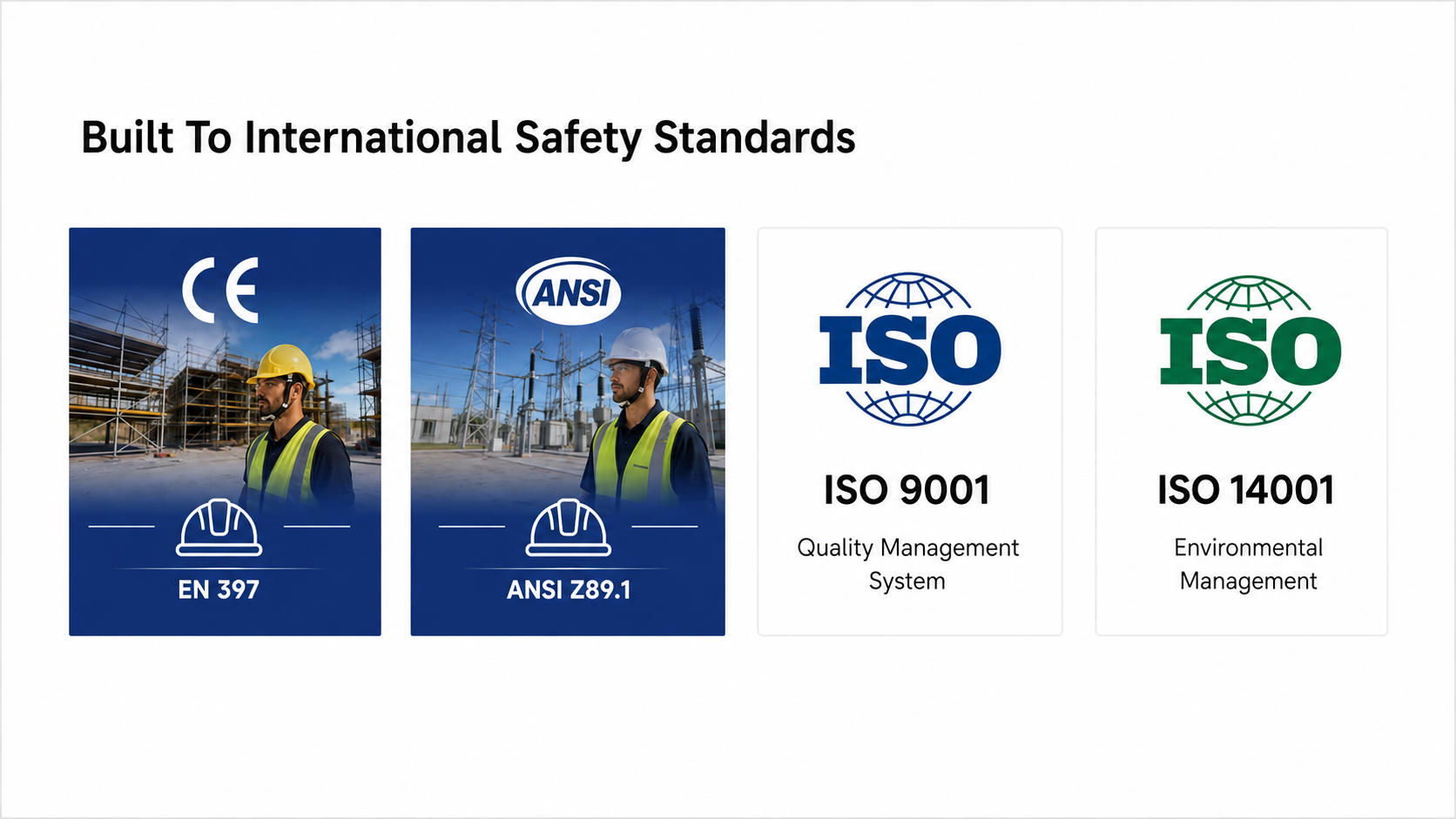 建筑安全头盔标准包括 EN 397、ANSI Z89.1、ISO 9001 和 ISO 14001