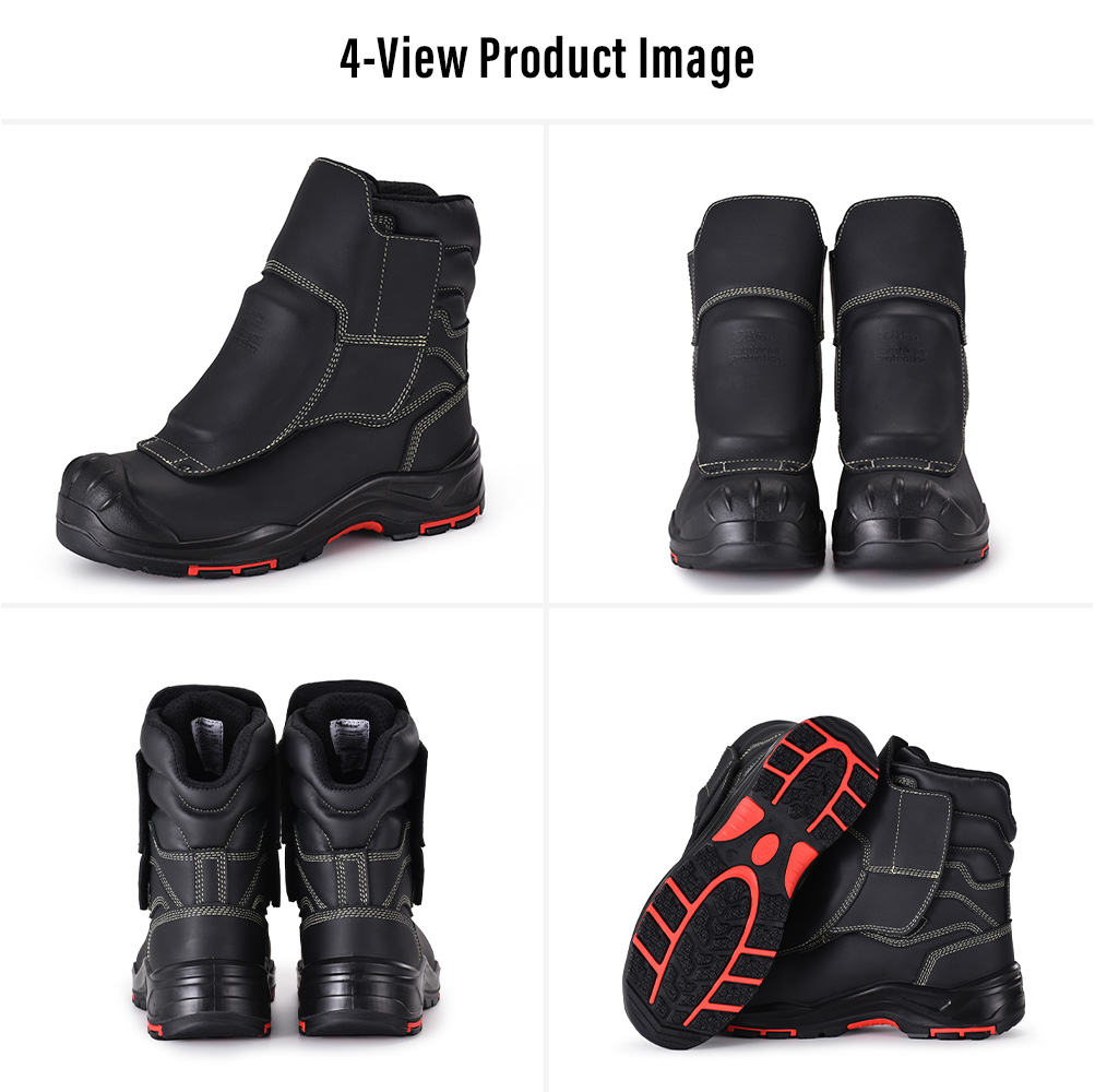 H-9552FD Foundry Metatarsal Safety Boots Four Views H-9552FD 黑色跖骨安全靴的四视图图像,适用于铸造和熔融金属工作