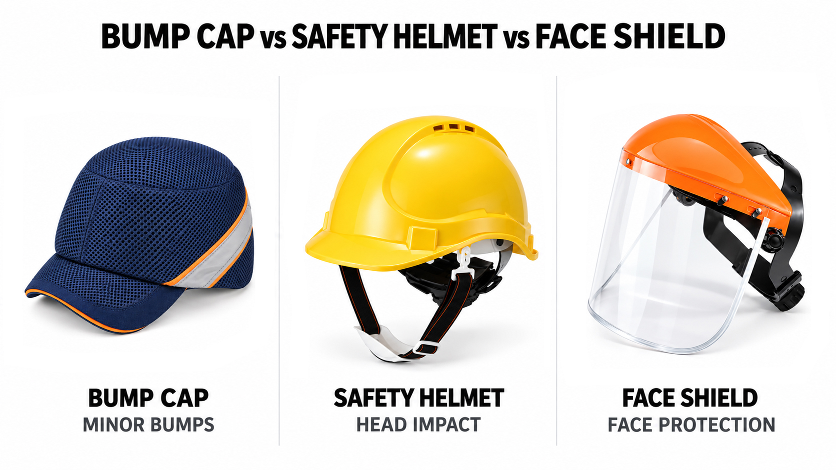 Bump Cap vs Safety Helmet vs Face Shield 工作场所 PPE 防撞帽、安全帽、面罩比较