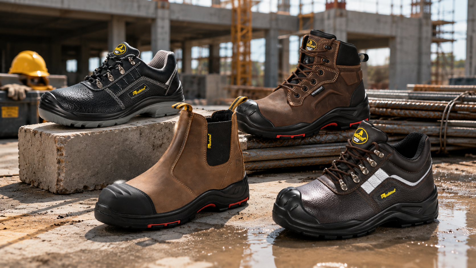 Safetoe Construction Safety Footwear Collection 潮湿建筑工地展示的四种 Safetoe 建筑安全鞋款式