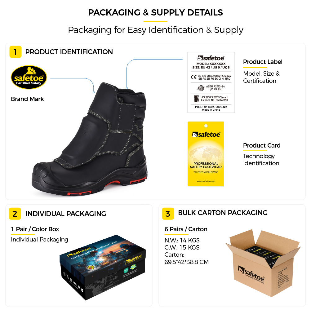 H-9552FD Safety Boots Packaging and Supply Details H-9552FD 跖骨铸造安全靴带产品标识、独立盒和散装纸箱包装