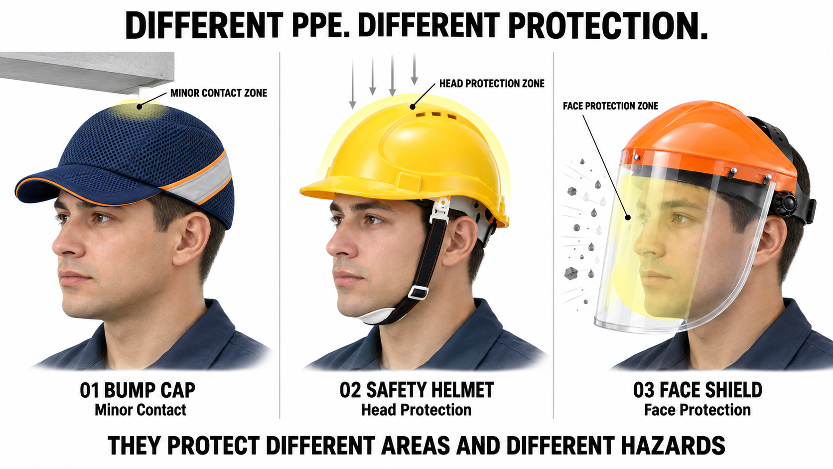 Different PPE, Different Protection Zones 防撞帽、安全头盔和工业面罩的保护区