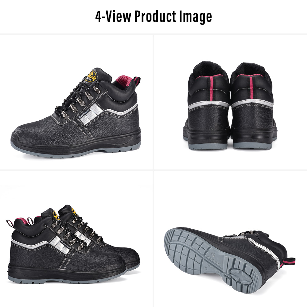 M-8516W Women's Waterproof Leather Safety Boots – Four Views Safetoe M-8516W 黑色女式防水皮革安全靴钢头防滑 PU/PU 外底四视图