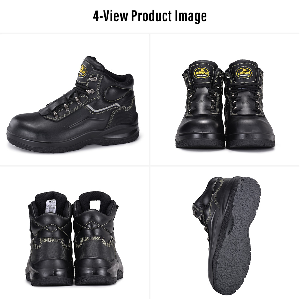Safetoe M-8565PV 黑色皮革沥青铺路安全靴的四个视图，配有平坦耐热外底