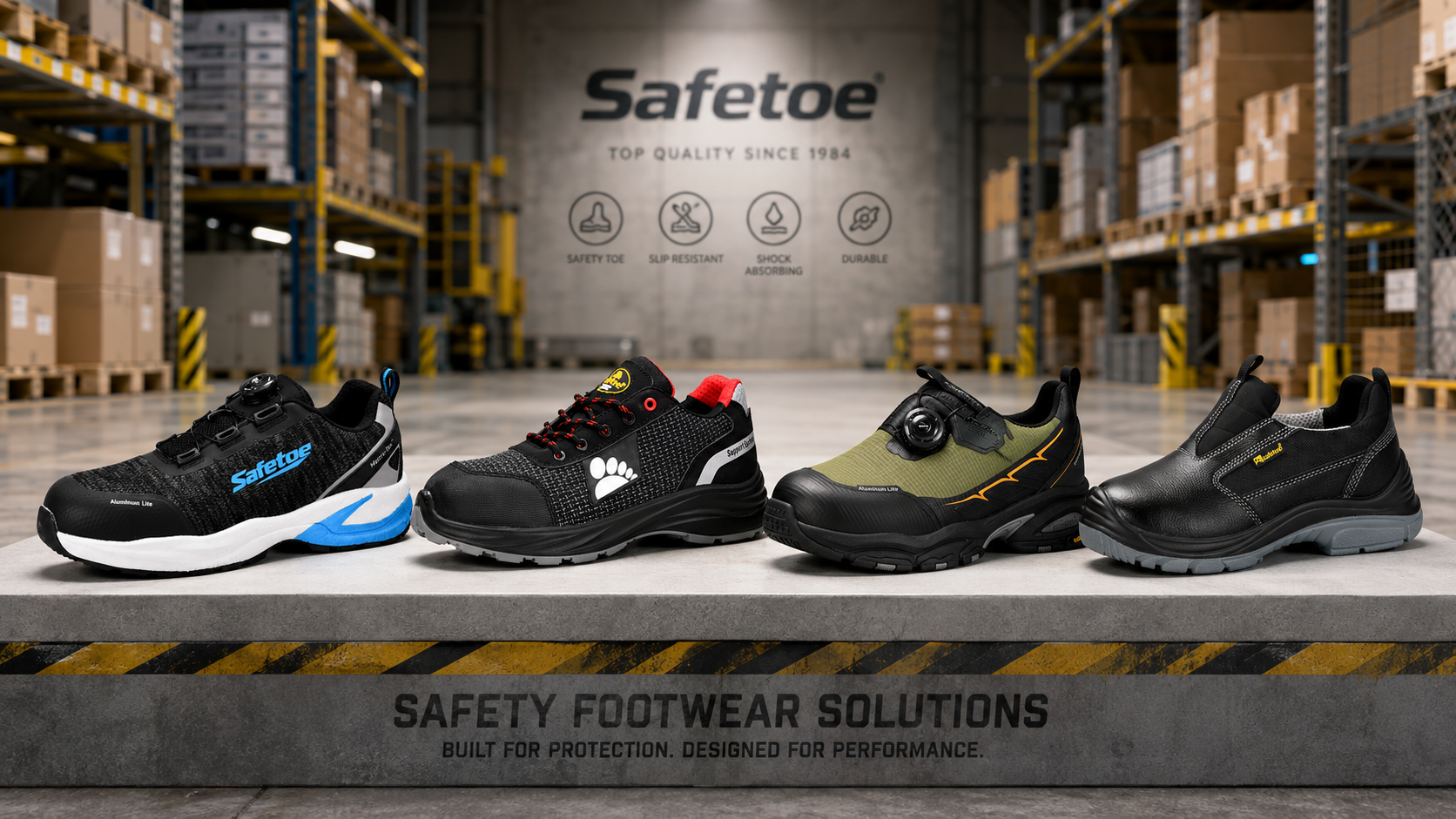 Safetoe 为仓库和物流工人提供的安全鞋解决方案，具有四种轻型安全鞋款式