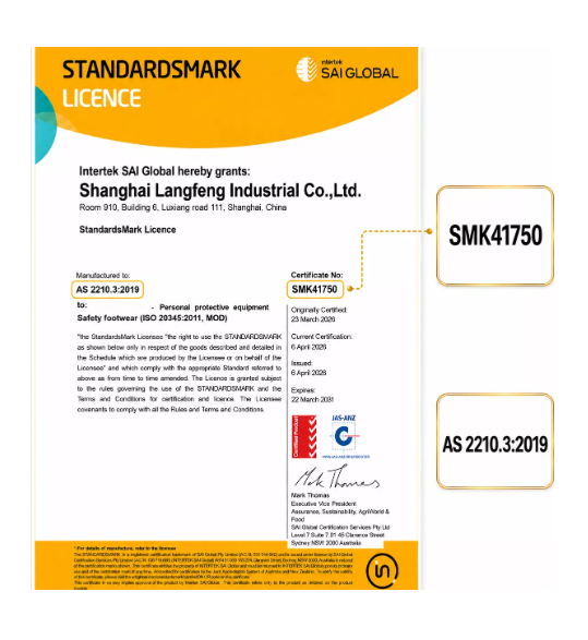 Intertek SAI Global StandardsMark 许可证 SMK41750 适用于 AS 2210.3:2019 安全鞋