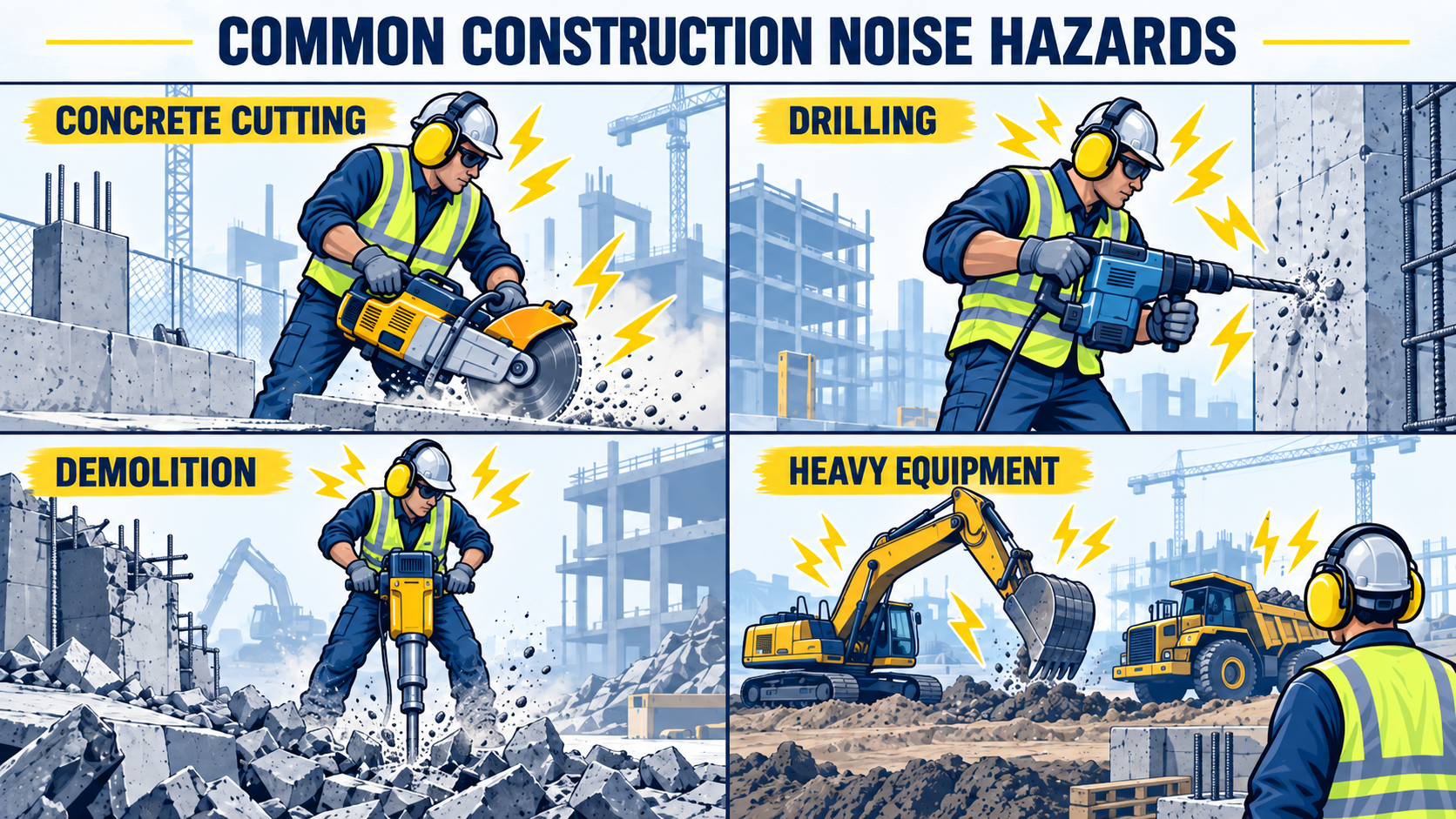 Common Noise Hazards on Construction Sites 常见的建筑噪音危害包括钻孔、混凝土切割、拆除和重型设备