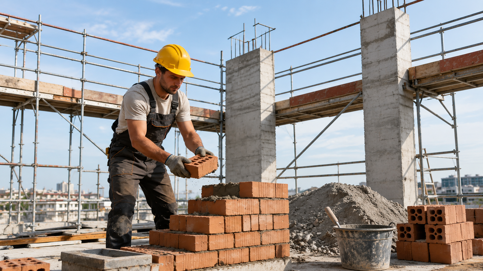 建筑工人在建筑工地砌砖时戴着黄色安全帽