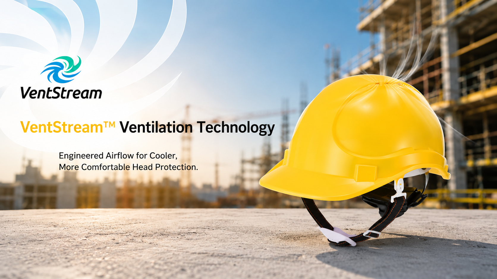 黄色建筑安全头盔采用 VentStream 通风技术，提供更凉爽、更舒适的头部保护