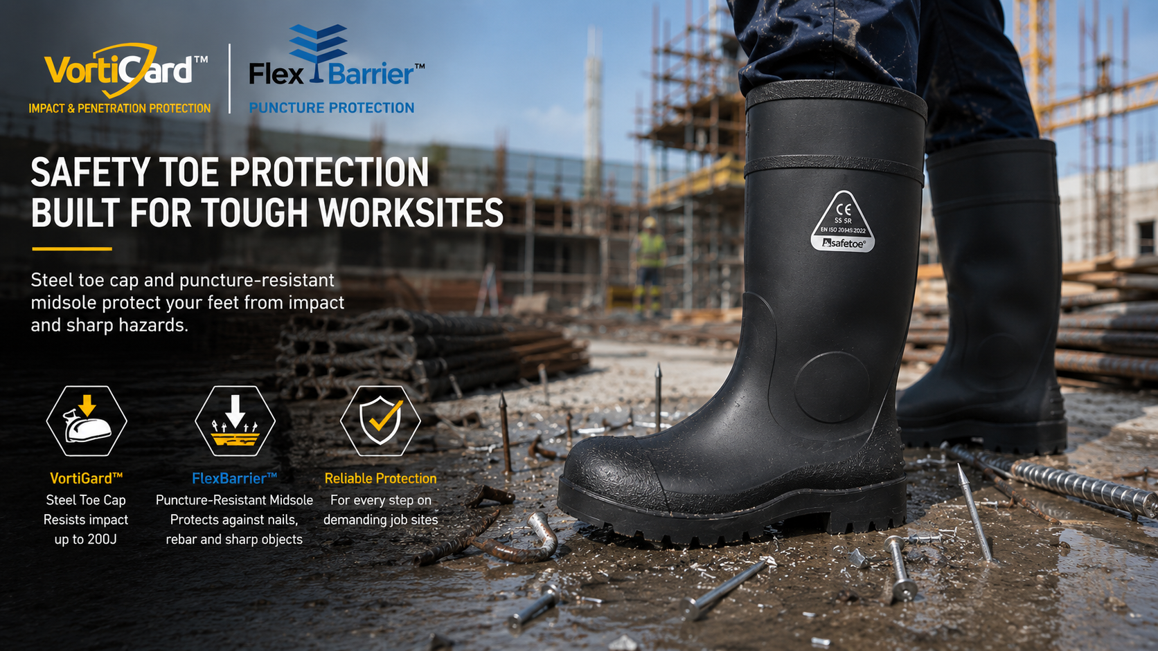 Toe and Puncture Protection for Construction Wellington Boots 施工安全 惠灵顿靴子,带钢头和防刺穿中底保护