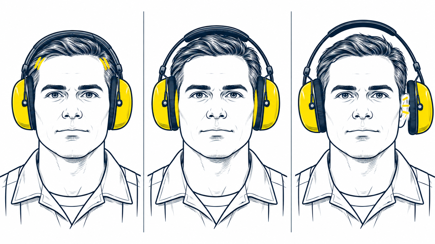 Comparing Safety Earmuff Headband Fit 比较紧密、平衡和宽松安全耳罩贴合度的三张插图