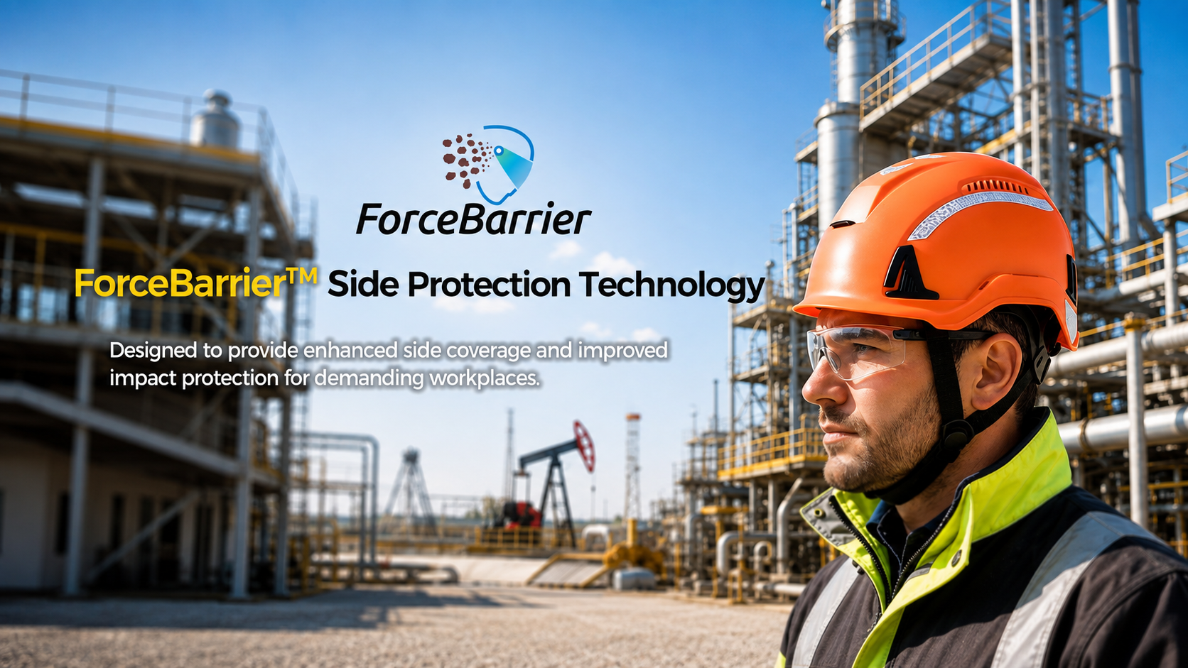 戴着带有ForceBarrier侧面保护技术的橙色安全帽的产业工人